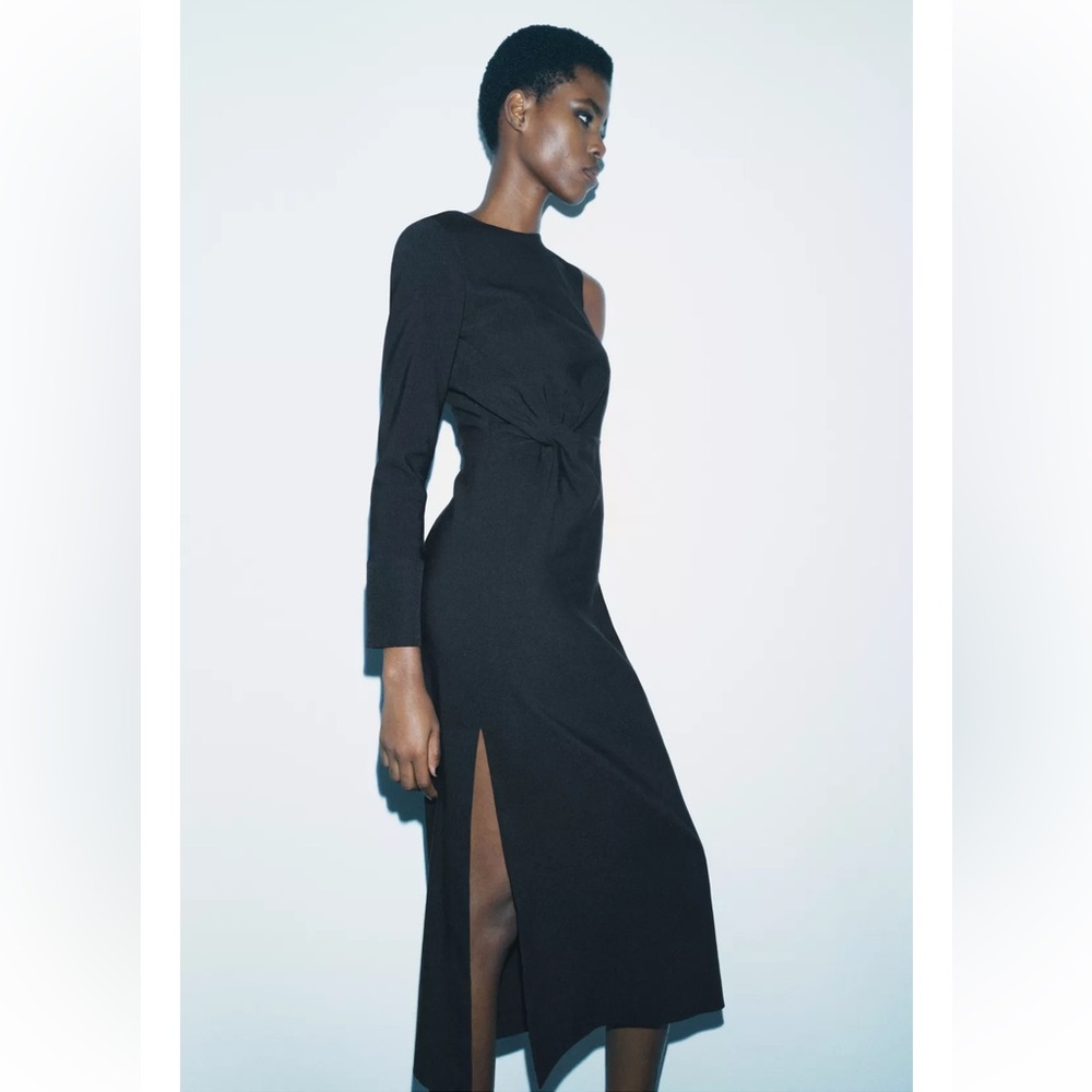Zara Black Cut Out Midi Dress cotton blend one long sleeve Pleated knot ZW NWT - Picture 5 of 16